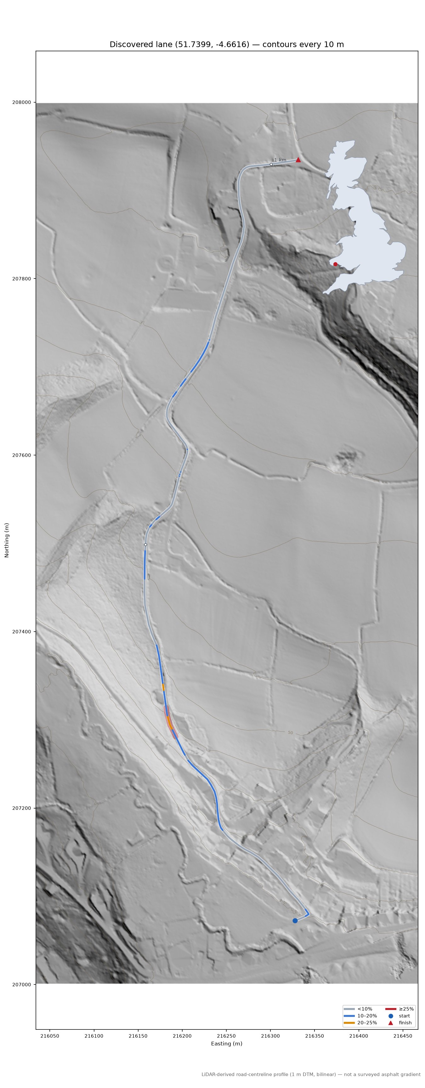Discovered lane (51.7399, -4.6616) LiDAR hillshade map with contours