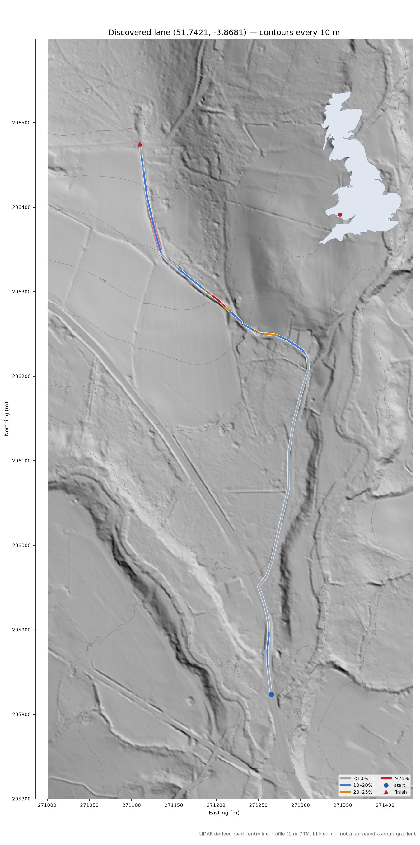 Discovered lane (51.7421, -3.8681) LiDAR hillshade map with contours