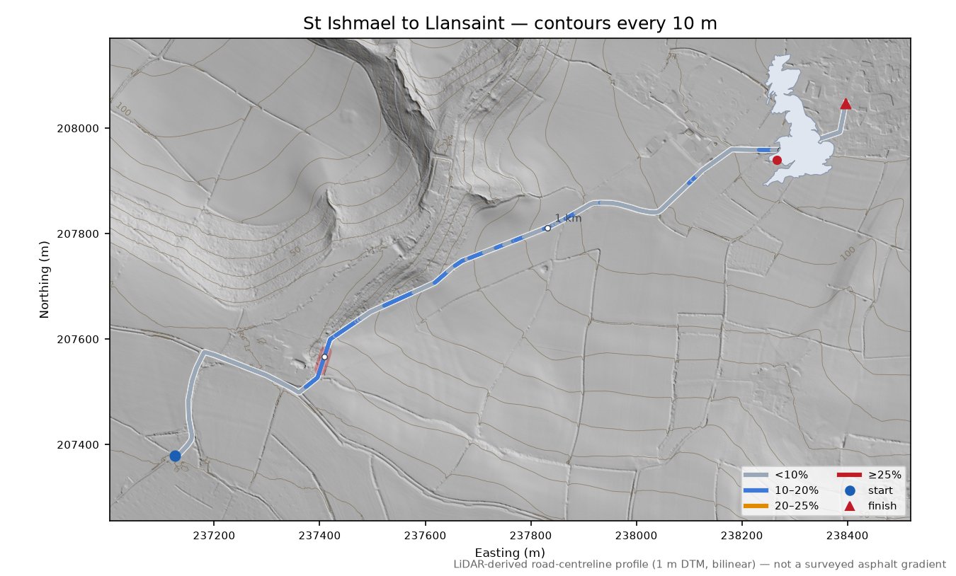 St Ishmael to Llansaint LiDAR hillshade map with contours