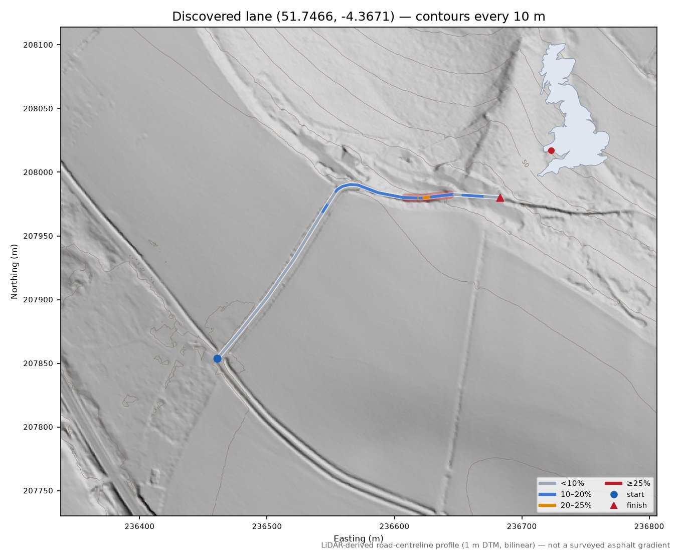 Discovered lane (51.7466, -4.3671) LiDAR hillshade map with contours