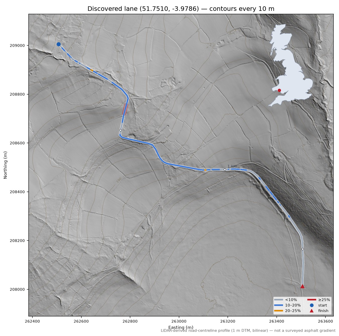 Discovered lane (51.7510, -3.9786) LiDAR hillshade map with contours
