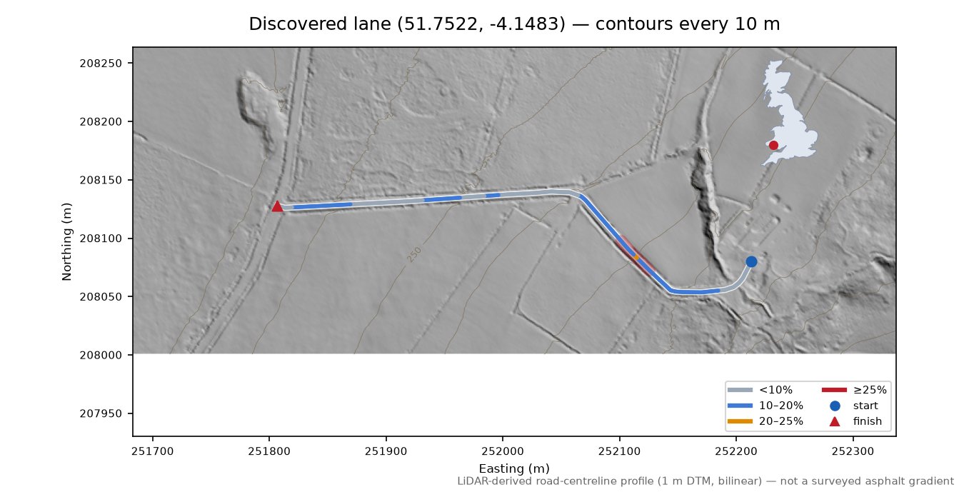 Discovered lane (51.7522, -4.1483) LiDAR hillshade map with contours