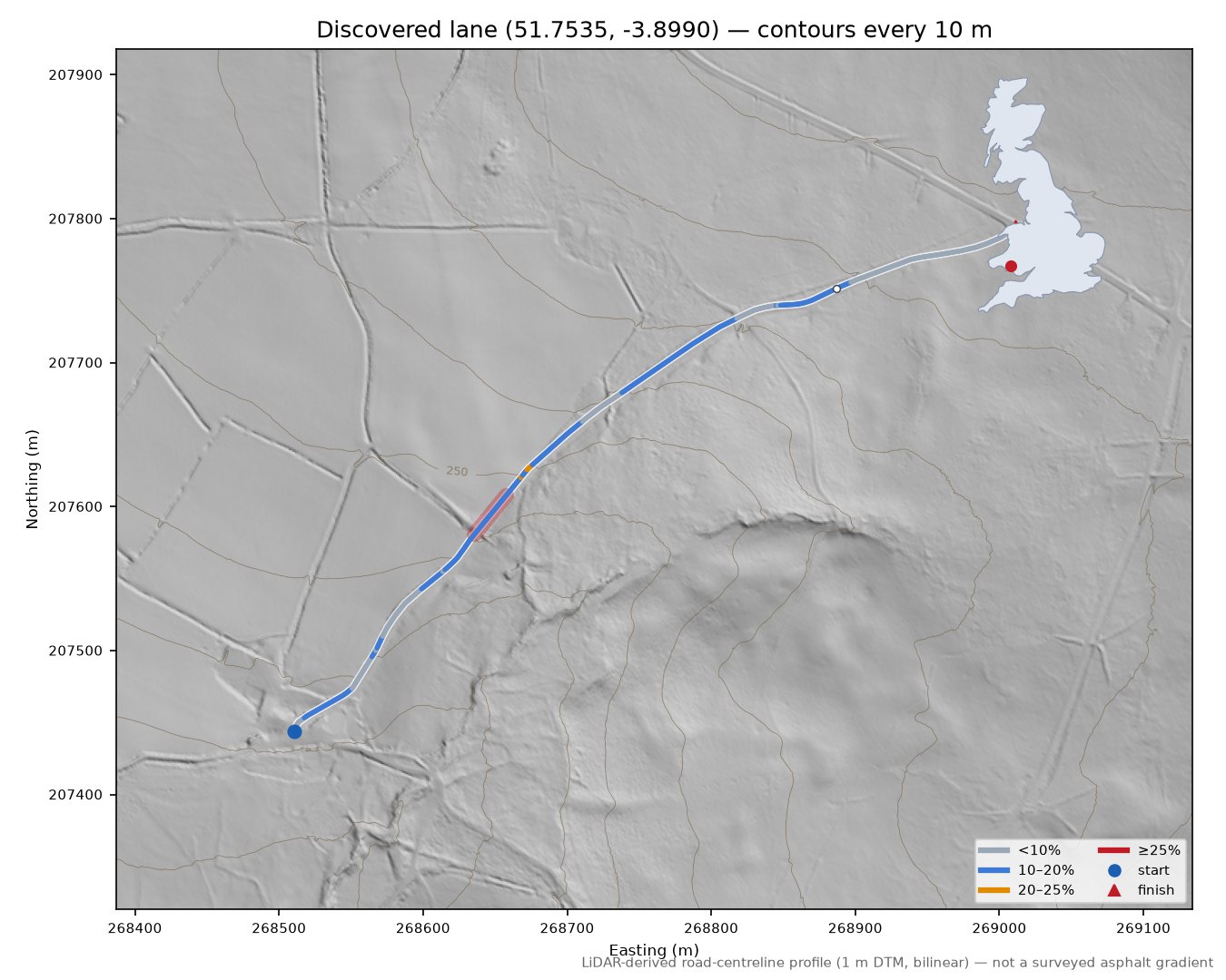 Discovered lane (51.7535, -3.8990) LiDAR hillshade map with contours