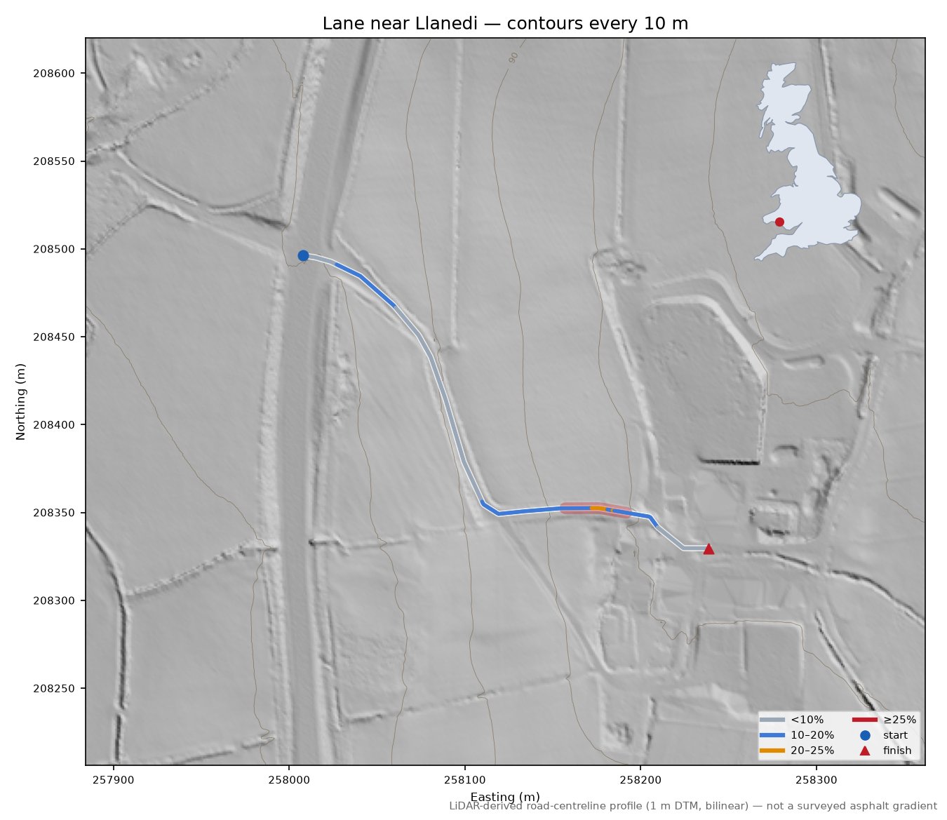 Lane near Llanedi LiDAR hillshade map with contours