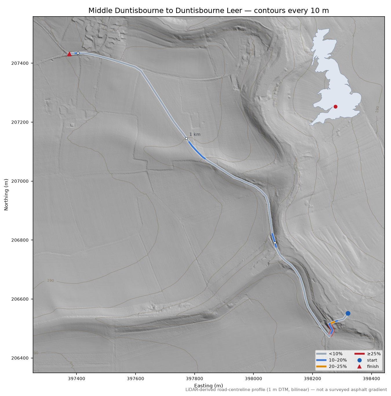 Middle Duntisbourne to Duntisbourne Leer LiDAR hillshade map with contours