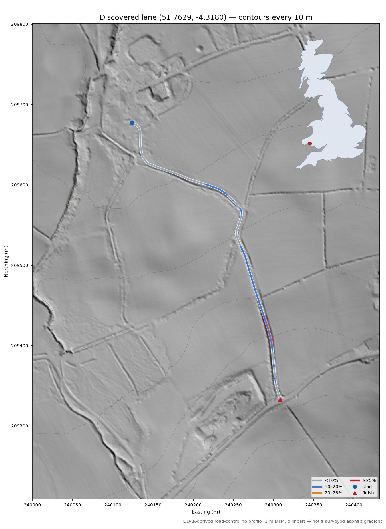 Discovered lane (51.7629, -4.3180) LiDAR hillshade map with contours