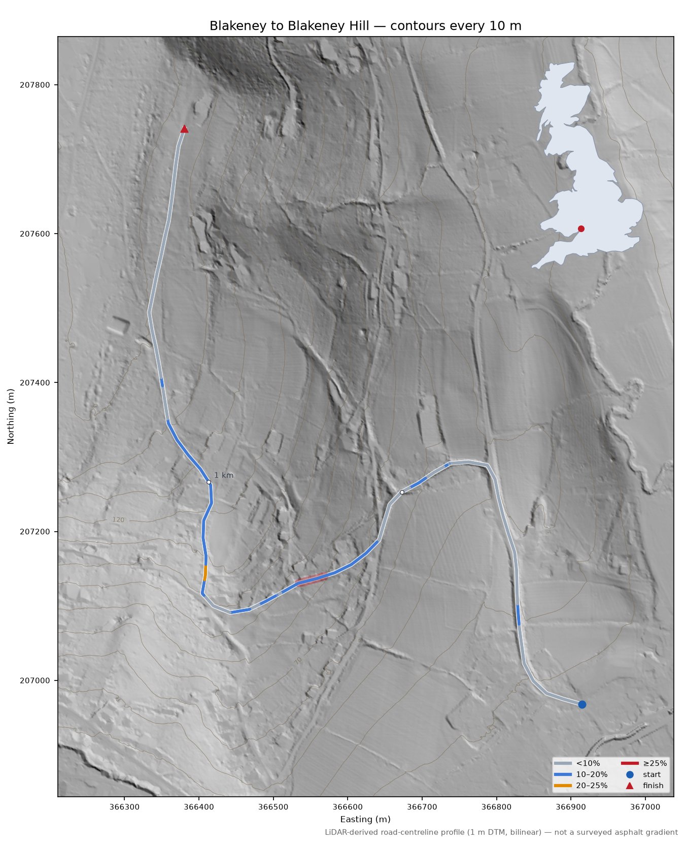 Blakeney to Blakeney Hill LiDAR hillshade map with contours