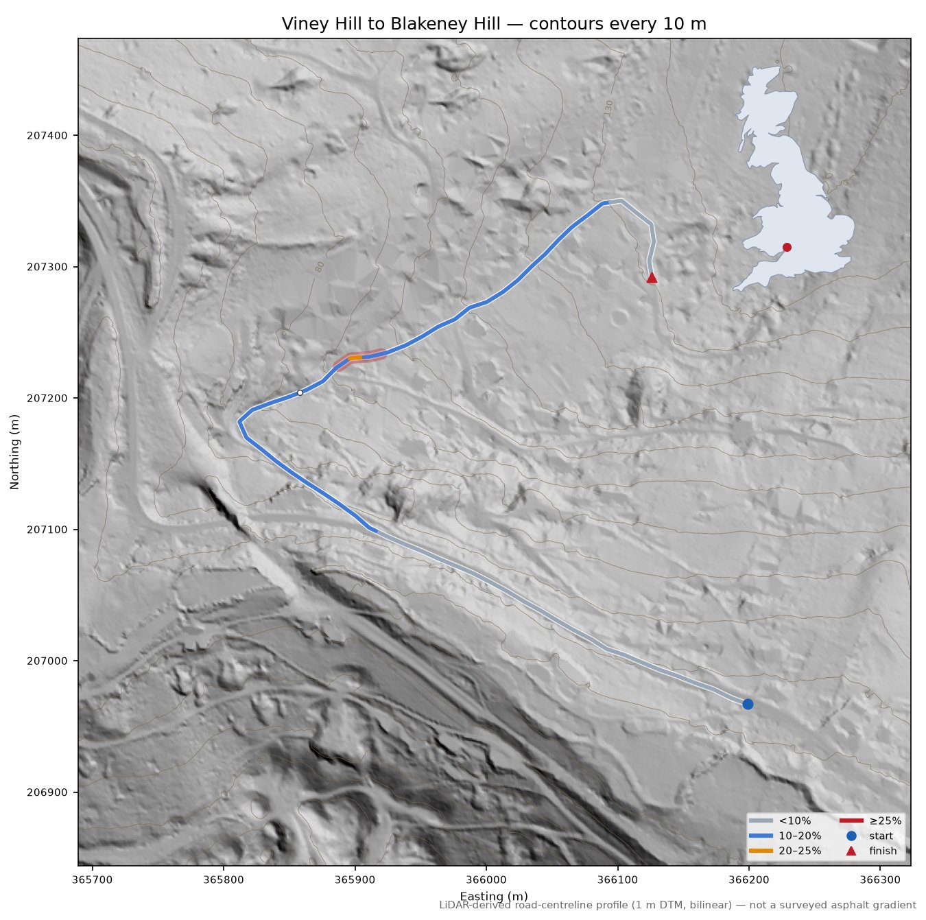 Viney Hill to Blakeney Hill LiDAR hillshade map with contours