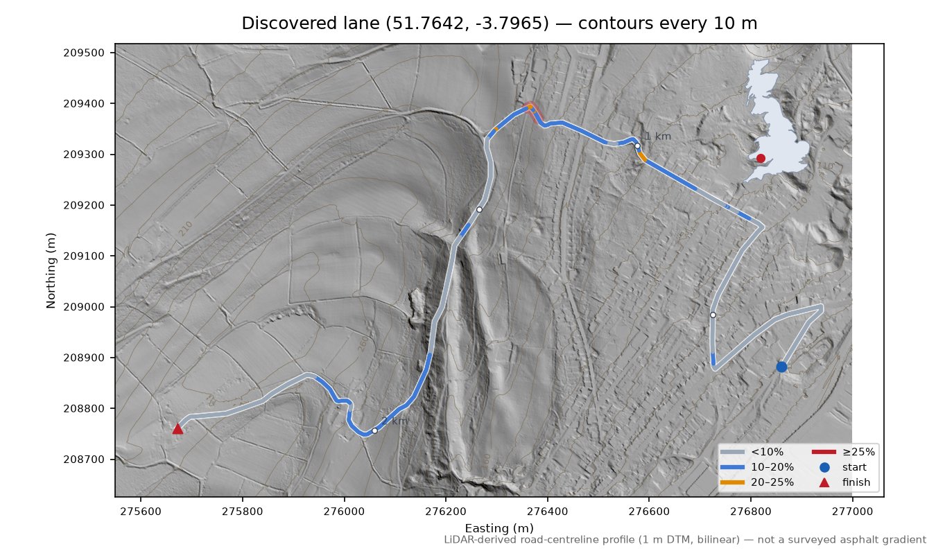 Discovered lane (51.7642, -3.7965) LiDAR hillshade map with contours