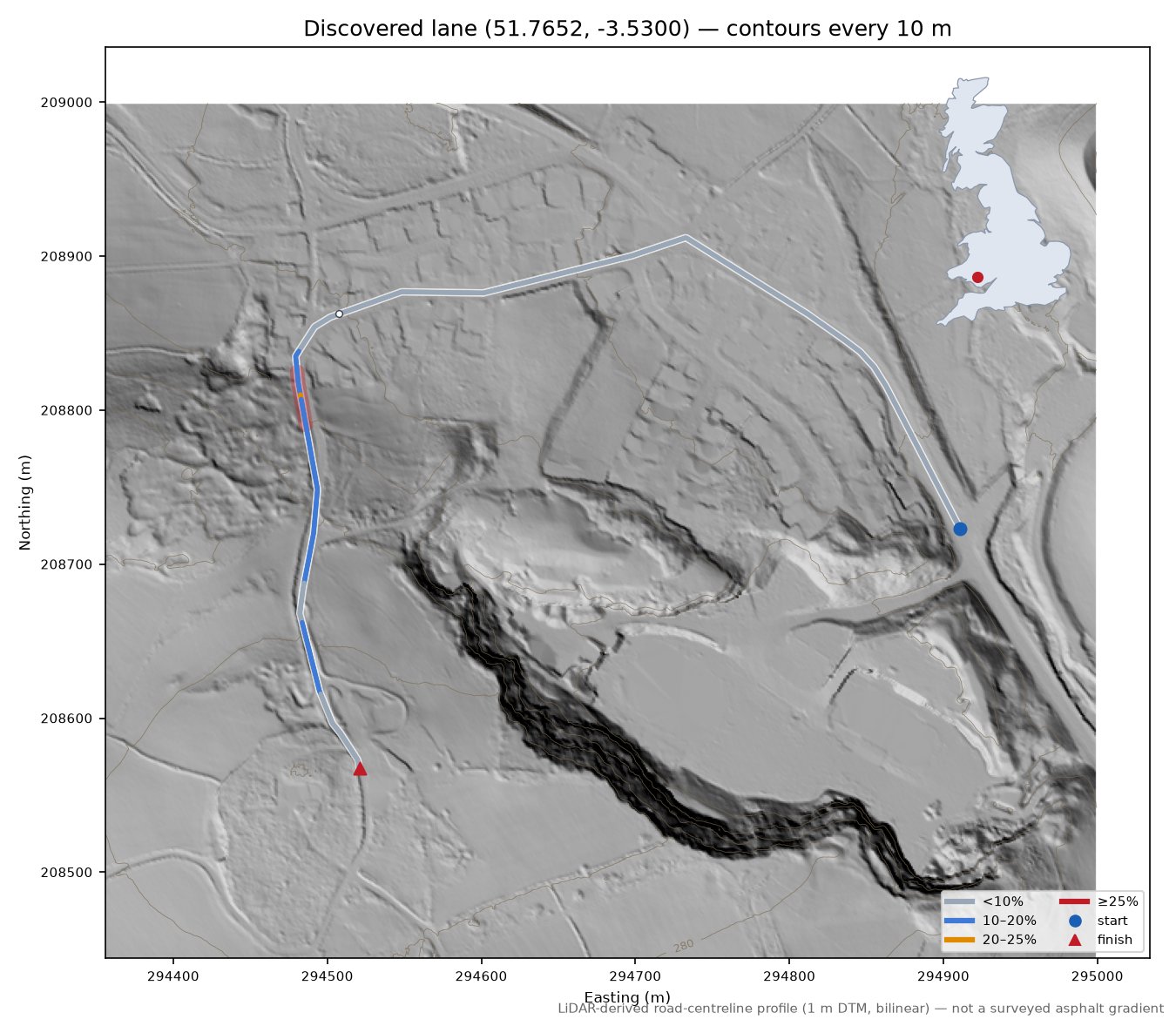 Discovered lane (51.7652, -3.5300) LiDAR hillshade map with contours