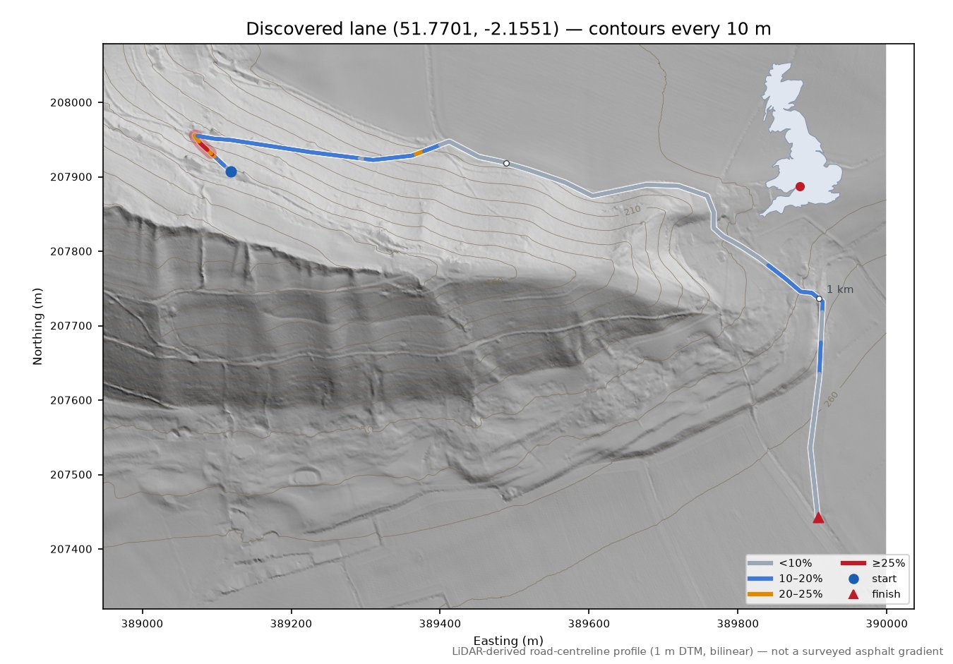 Discovered lane (51.7701, -2.1551) LiDAR hillshade map with contours