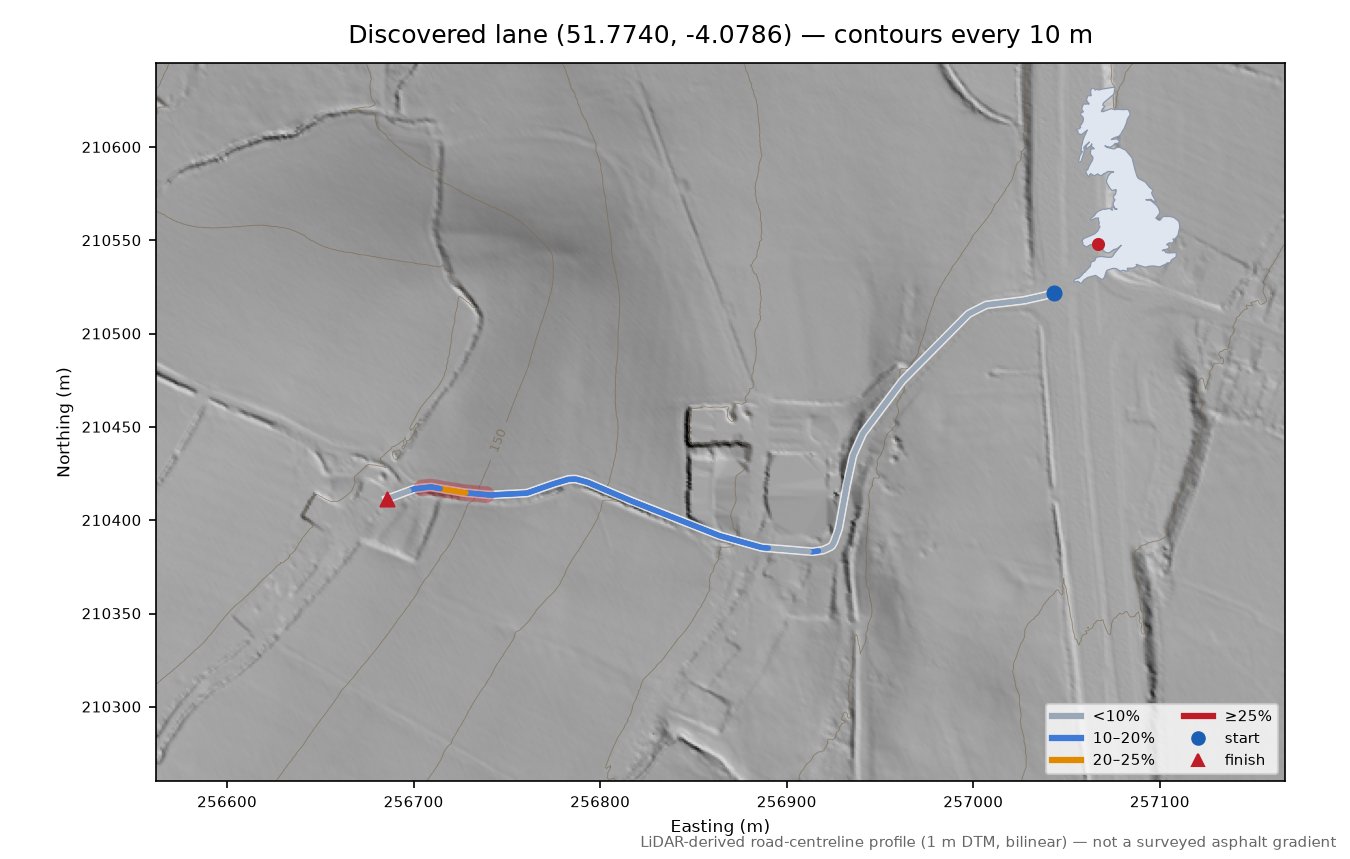 Discovered lane (51.7740, -4.0786) LiDAR hillshade map with contours