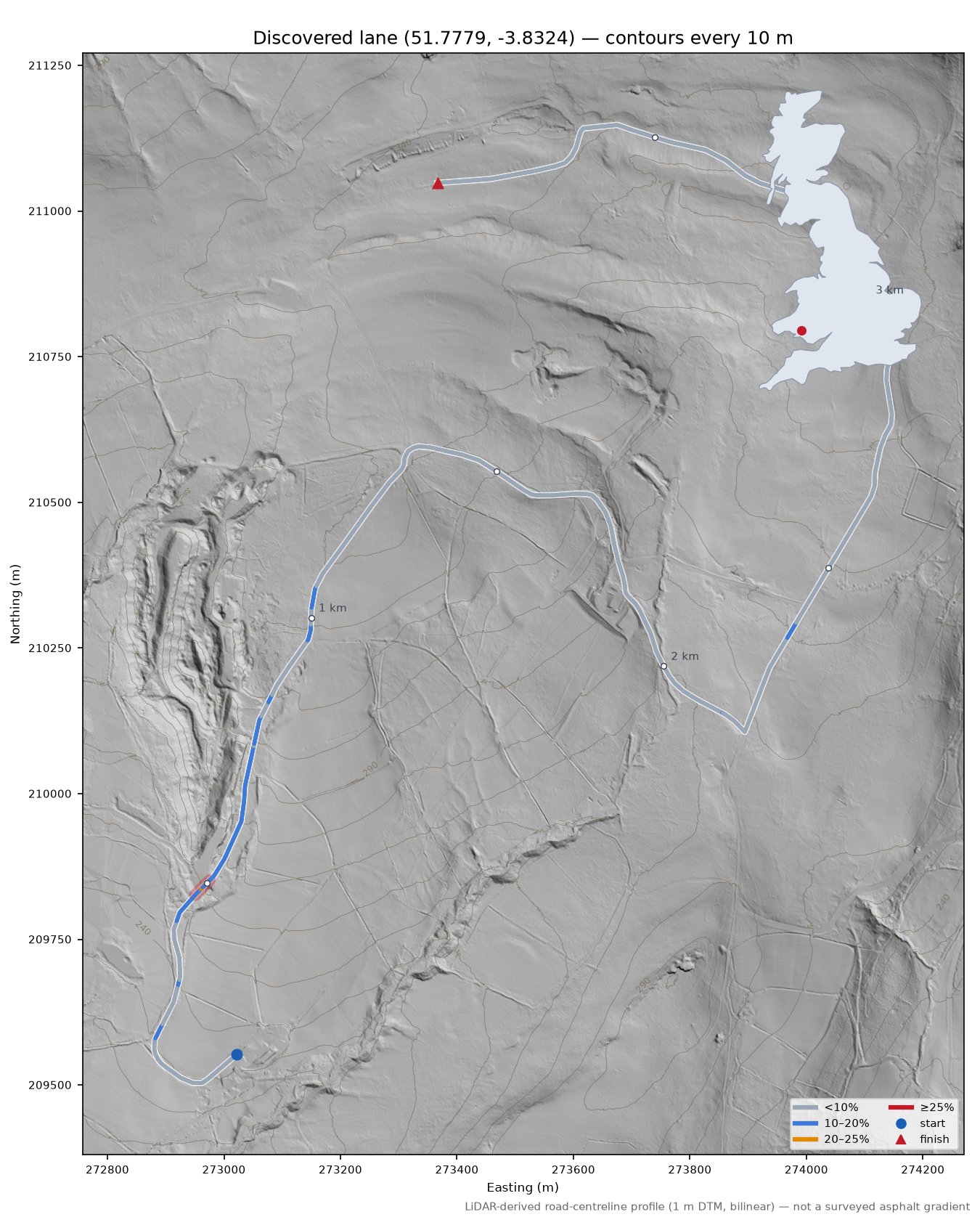 Discovered lane (51.7779, -3.8324) LiDAR hillshade map with contours