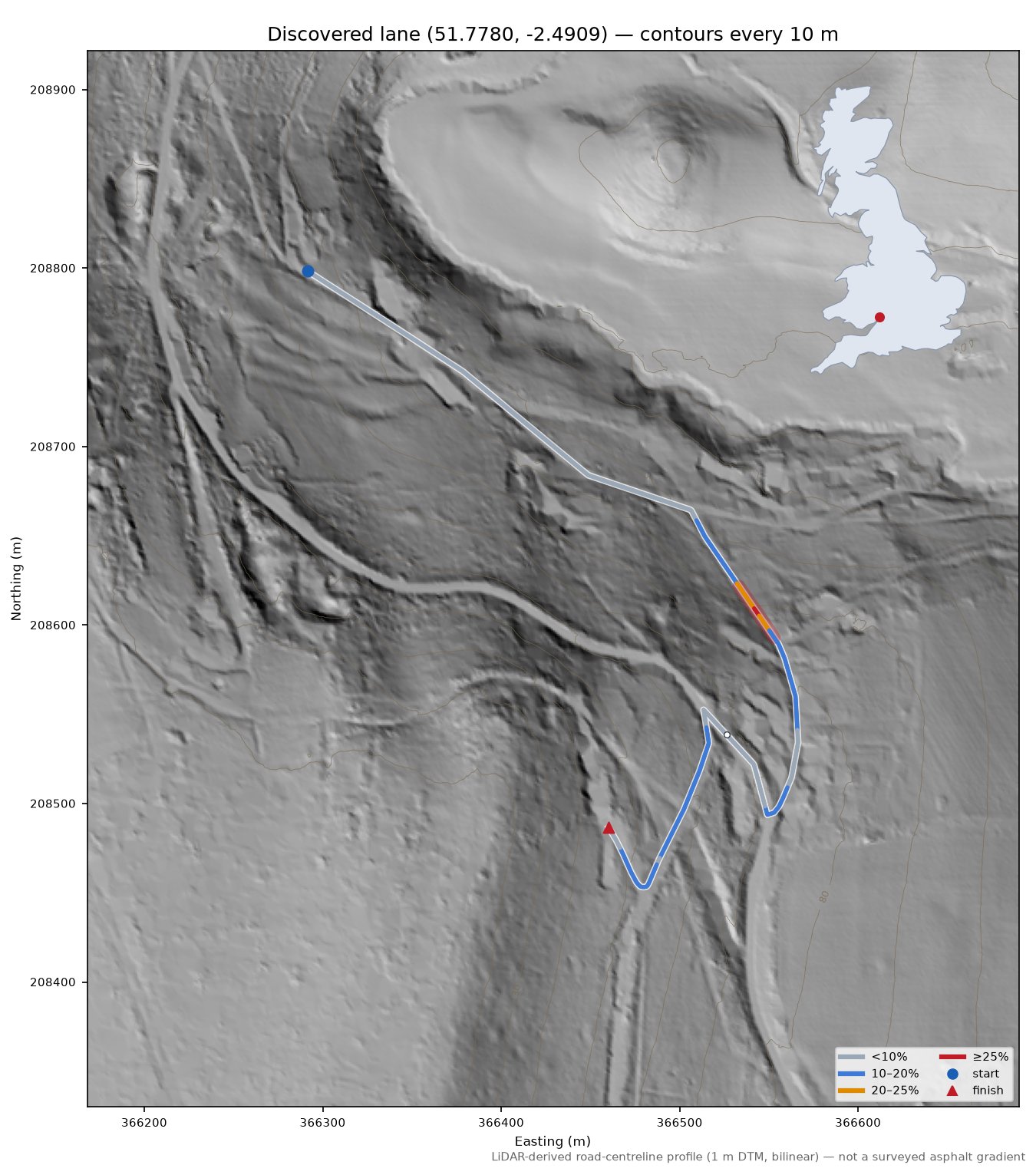Discovered lane (51.7780, -2.4909) LiDAR hillshade map with contours