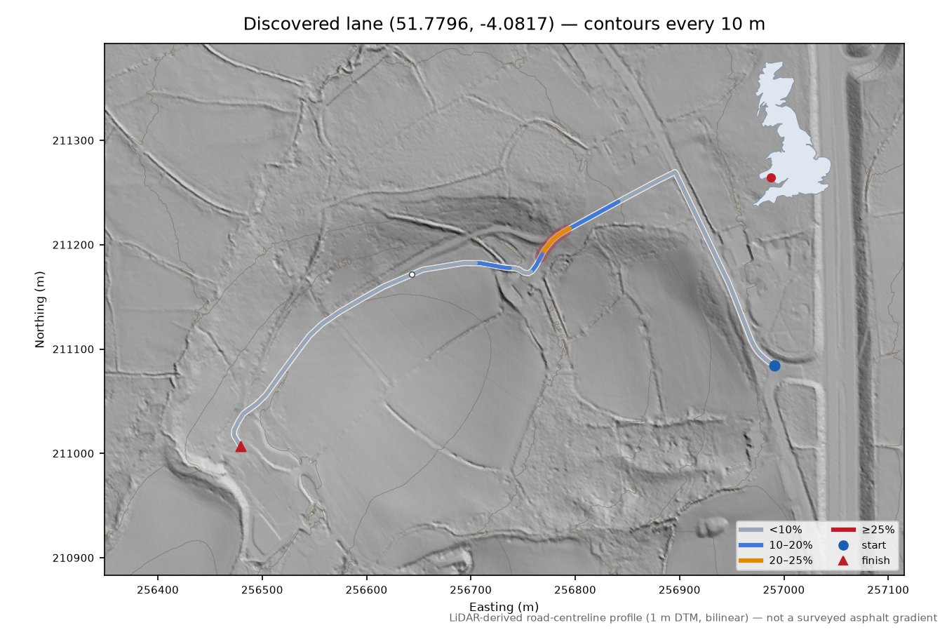 Discovered lane (51.7796, -4.0817) LiDAR hillshade map with contours
