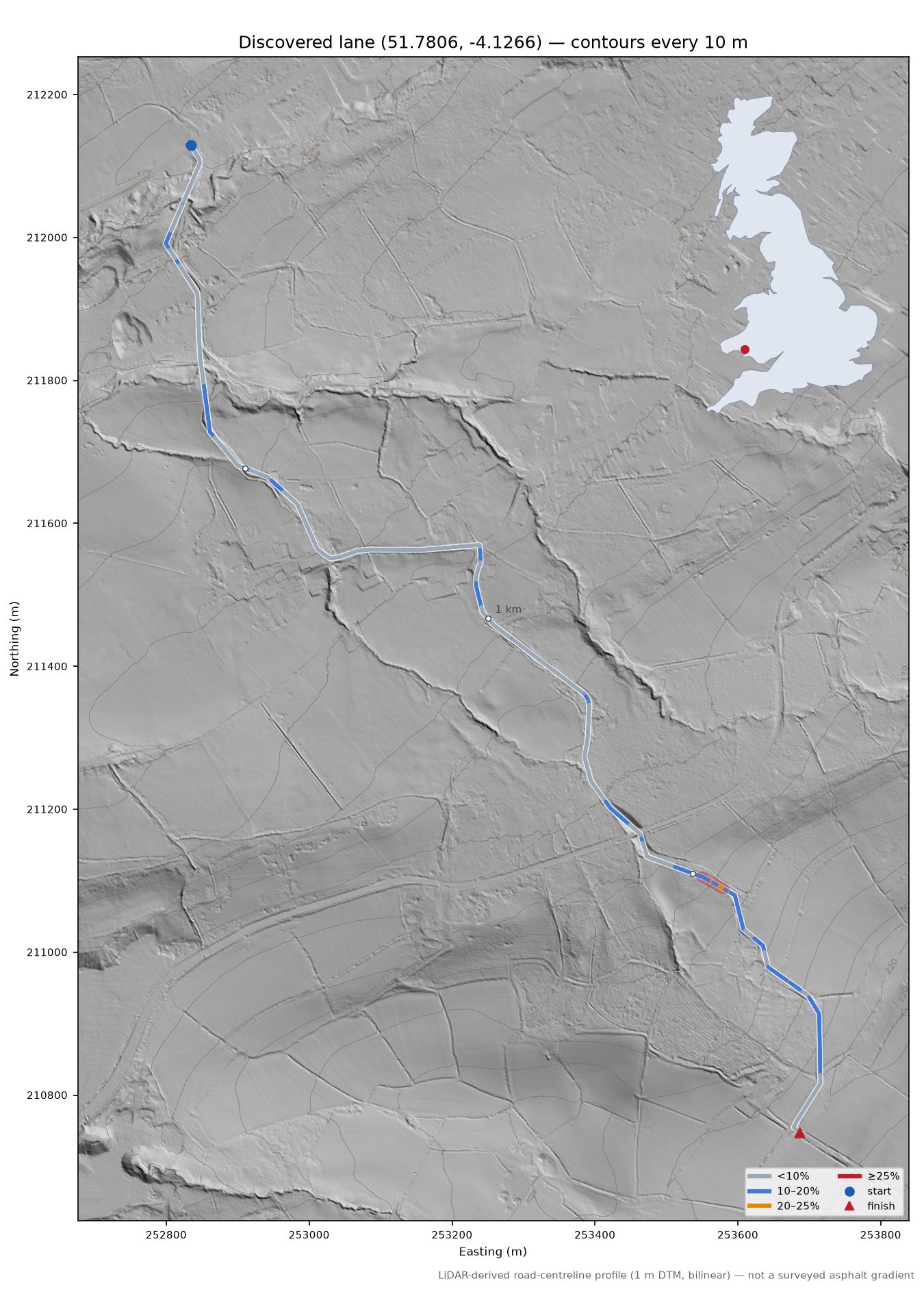Discovered lane (51.7806, -4.1266) LiDAR hillshade map with contours