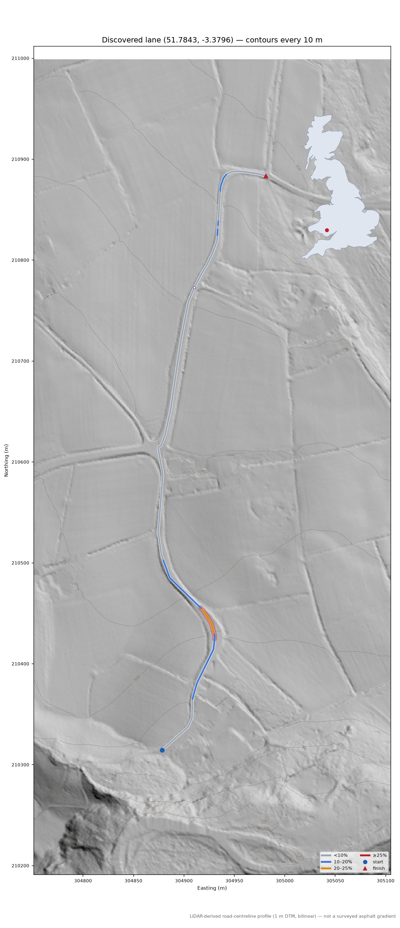 Discovered lane (51.7843, -3.3796) LiDAR hillshade map with contours