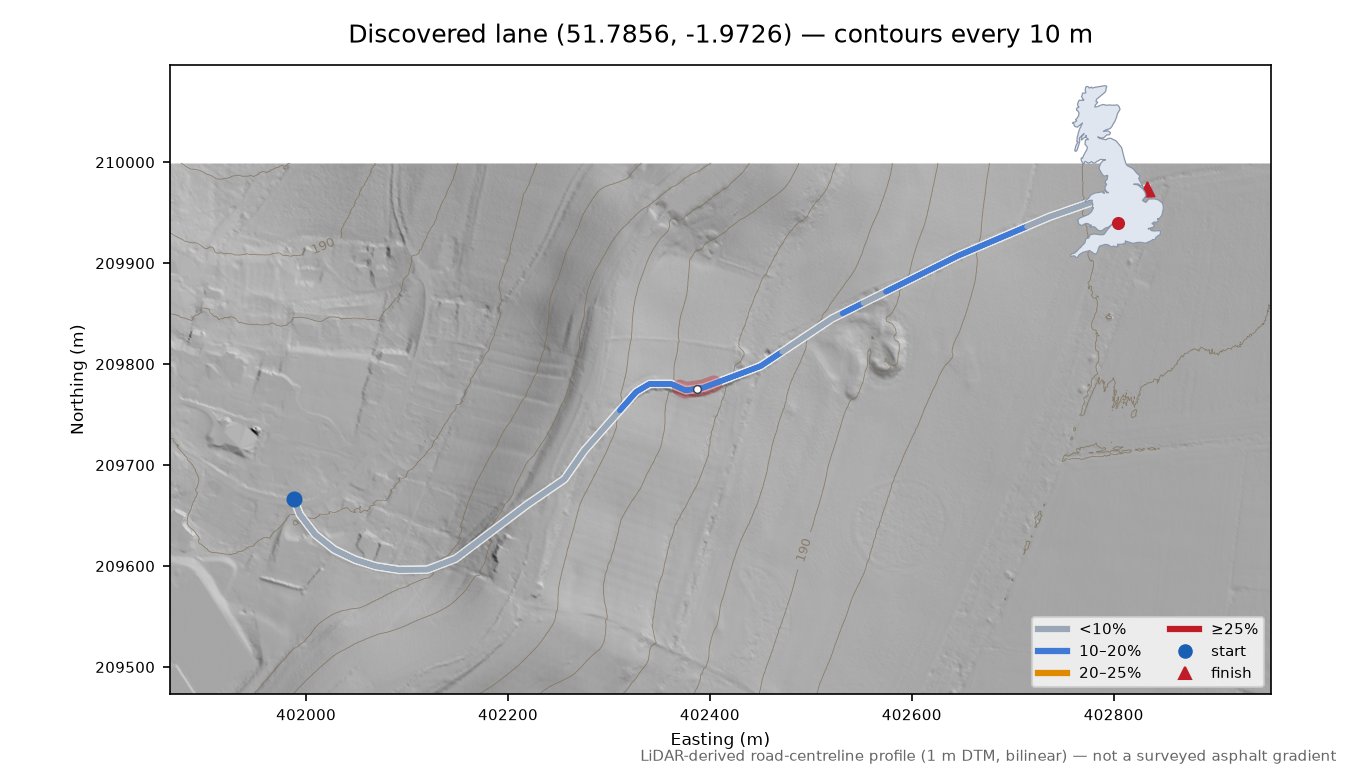 Discovered lane (51.7856, -1.9726) LiDAR hillshade map with contours