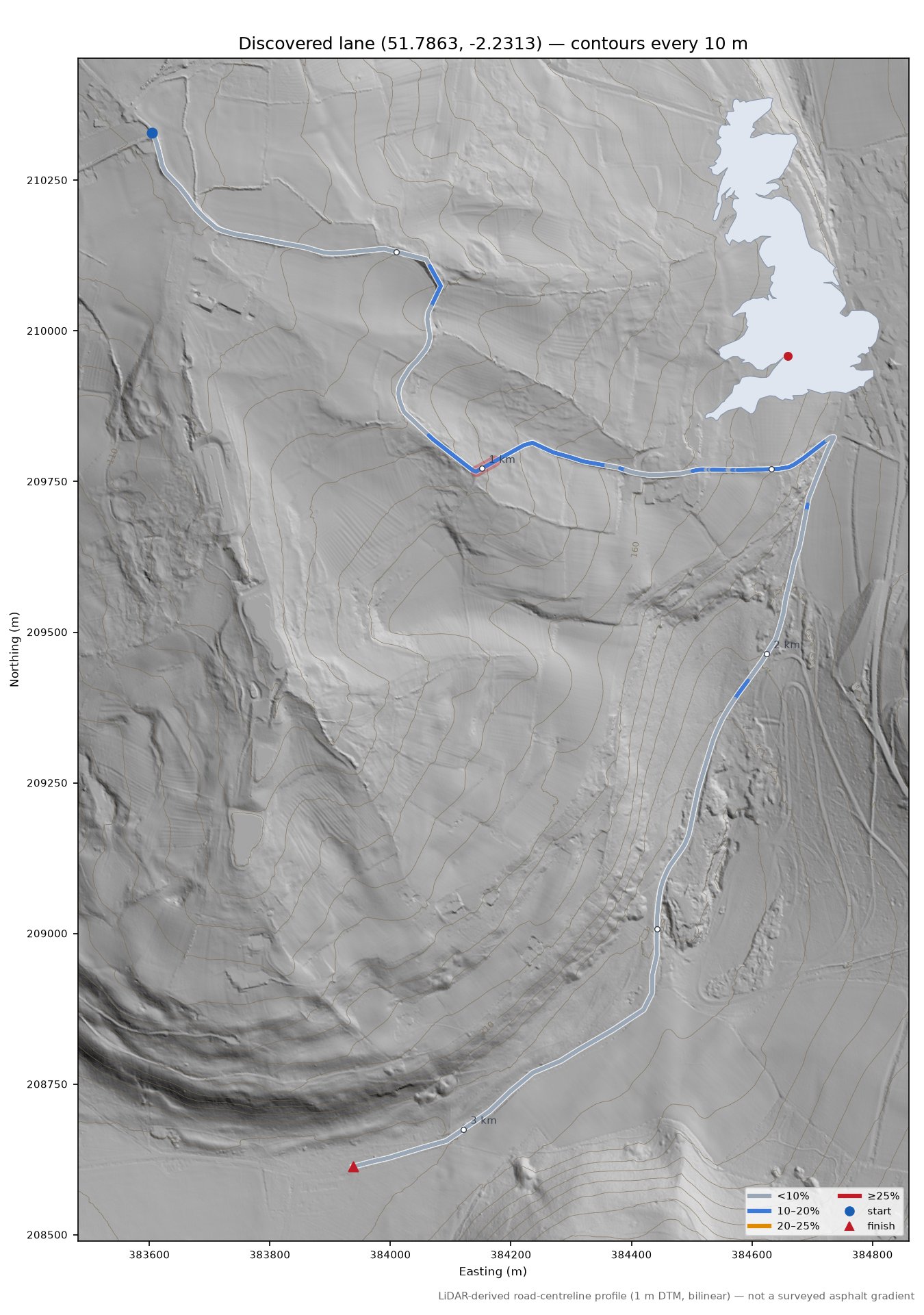 Discovered lane (51.7863, -2.2313) LiDAR hillshade map with contours