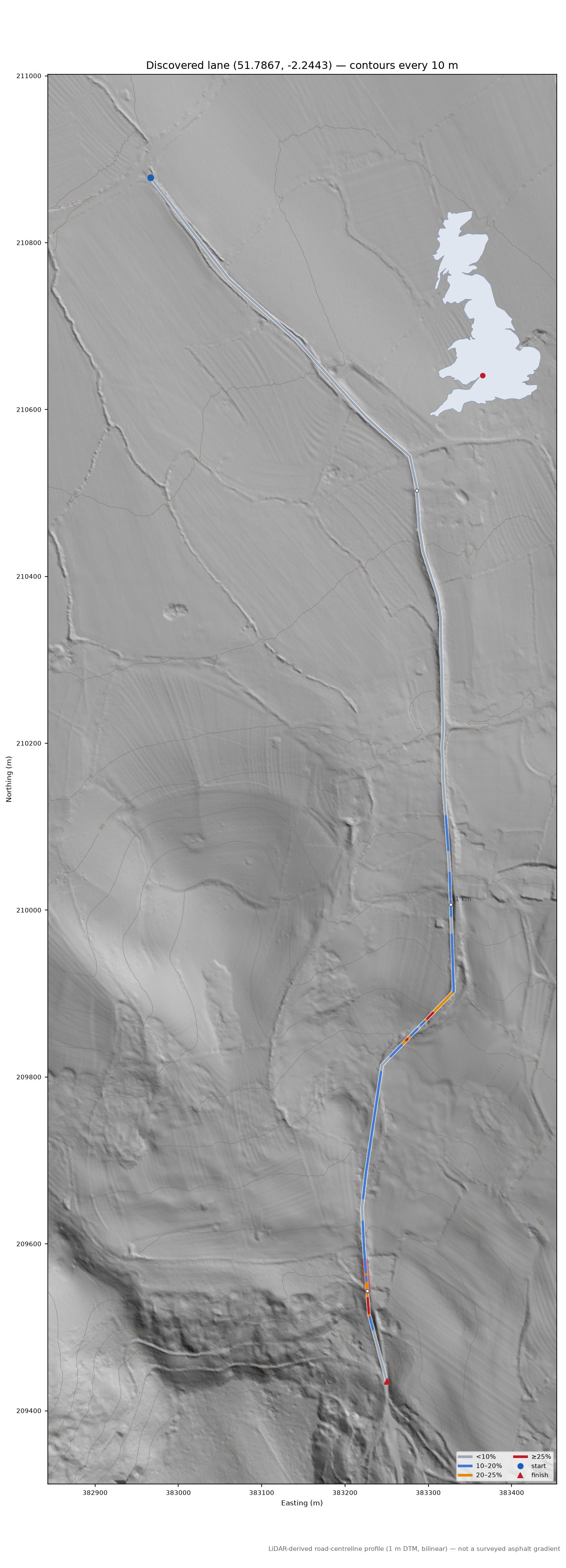 Discovered lane (51.7867, -2.2443) LiDAR hillshade map with contours