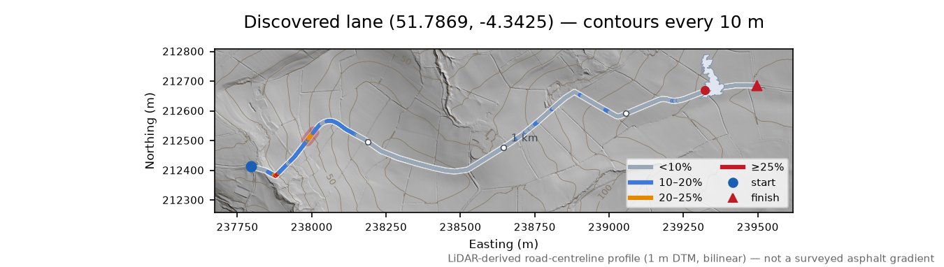 Discovered lane (51.7869, -4.3425) LiDAR hillshade map with contours