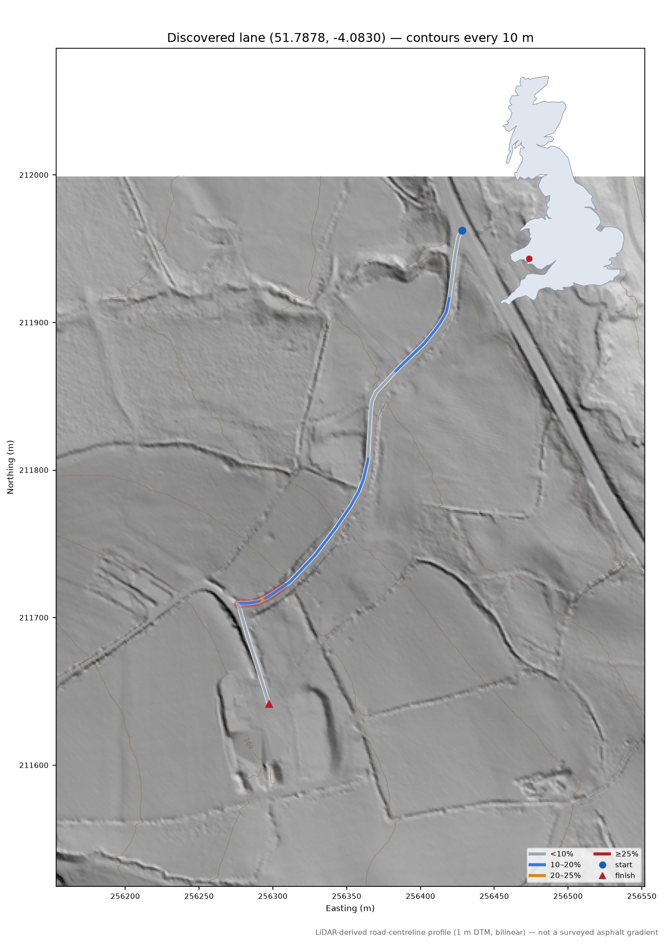 Discovered lane (51.7878, -4.0830) LiDAR hillshade map with contours