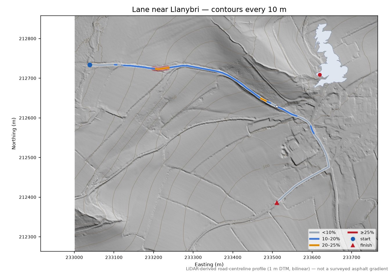 Lane near Llanybri LiDAR hillshade map with contours