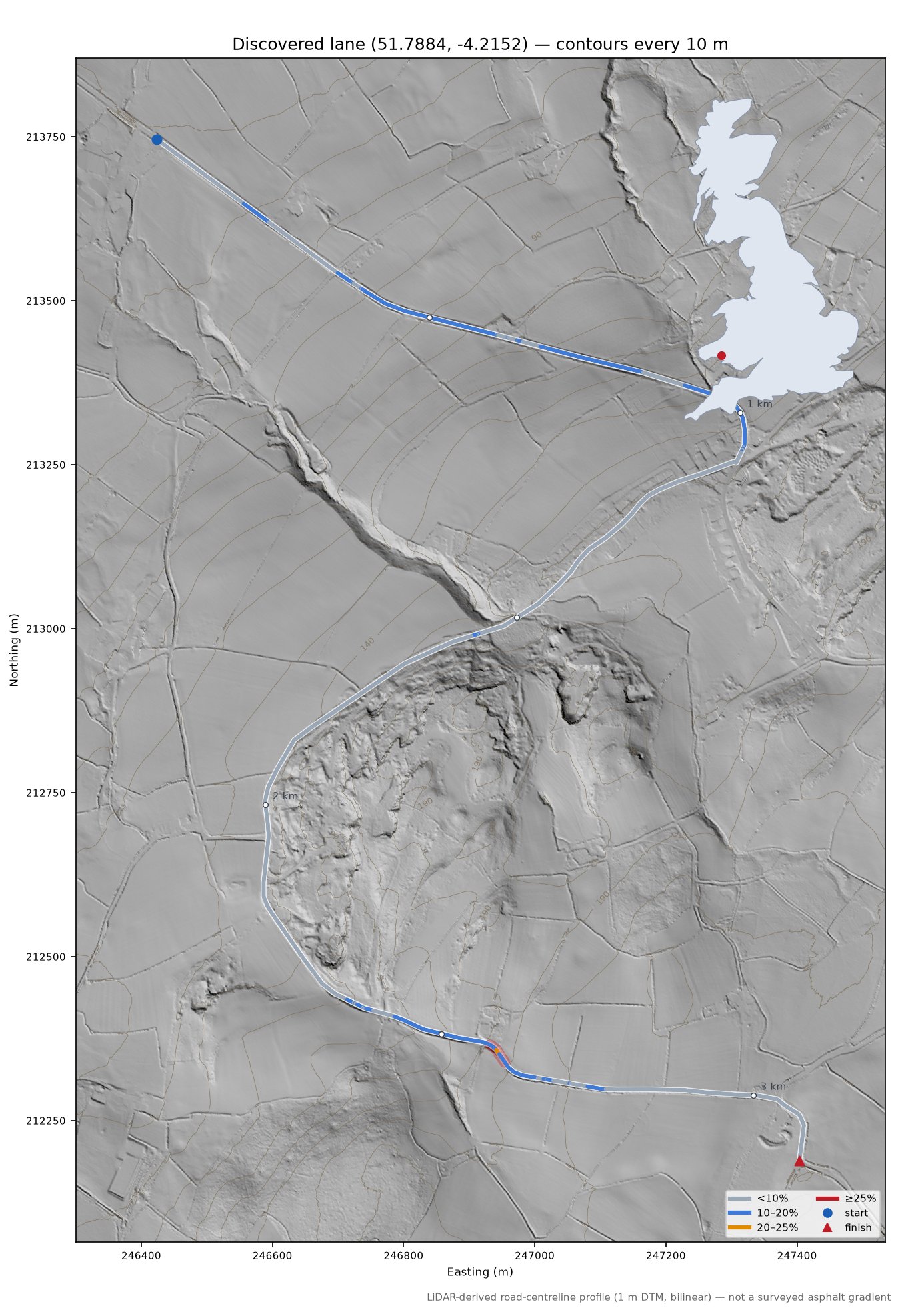 Discovered lane (51.7884, -4.2152) LiDAR hillshade map with contours