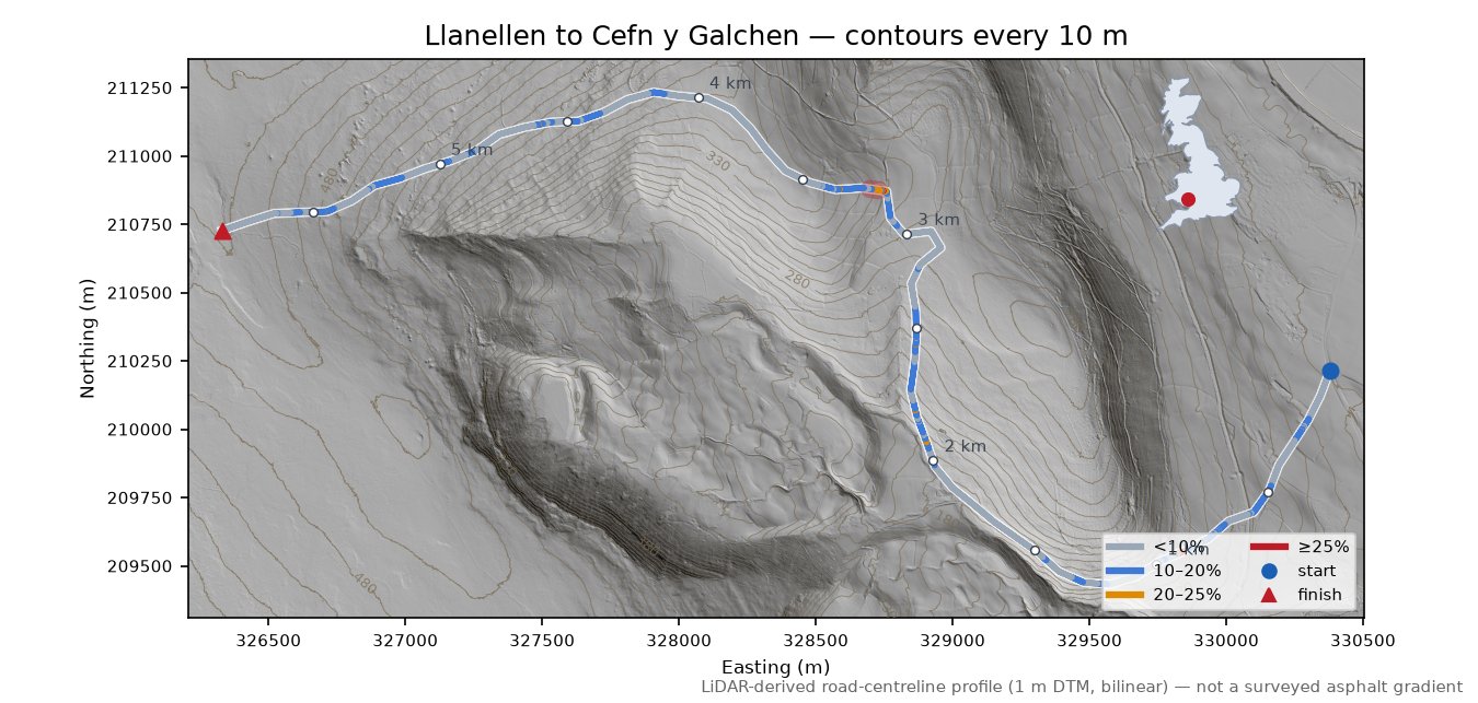 Llanellen to Cefn y Galchen LiDAR hillshade map with contours