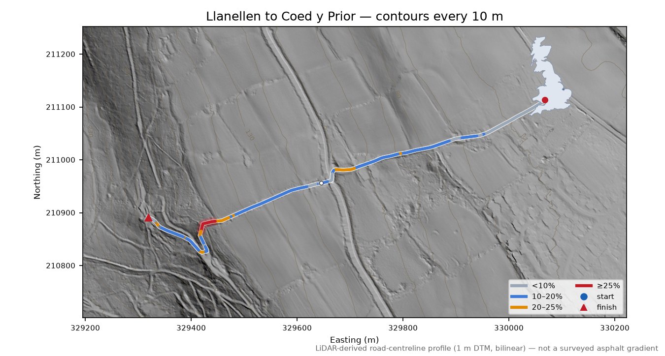 Llanellen to Coed y Prior LiDAR hillshade map with contours
