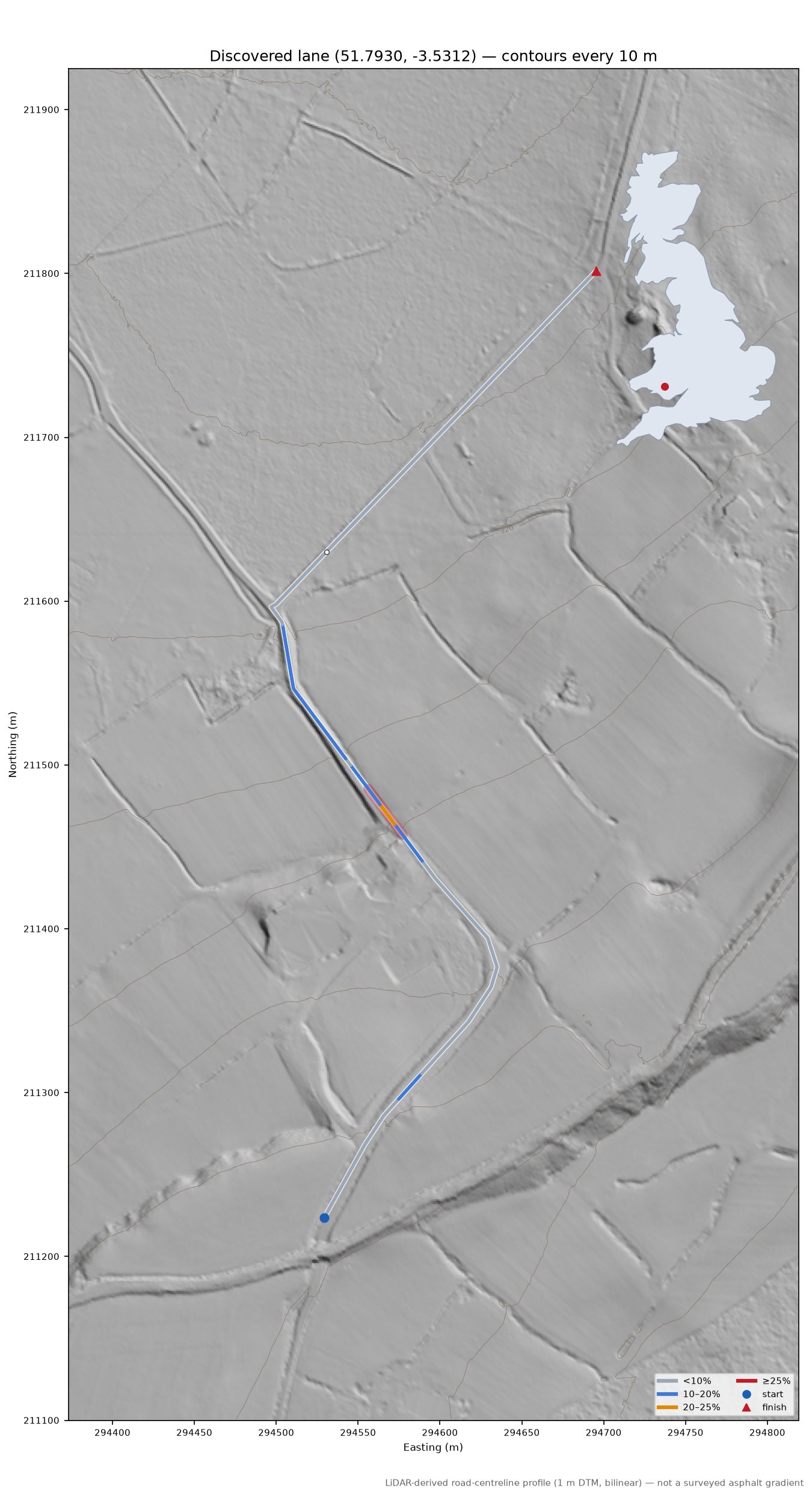 Discovered lane (51.7930, -3.5312) LiDAR hillshade map with contours