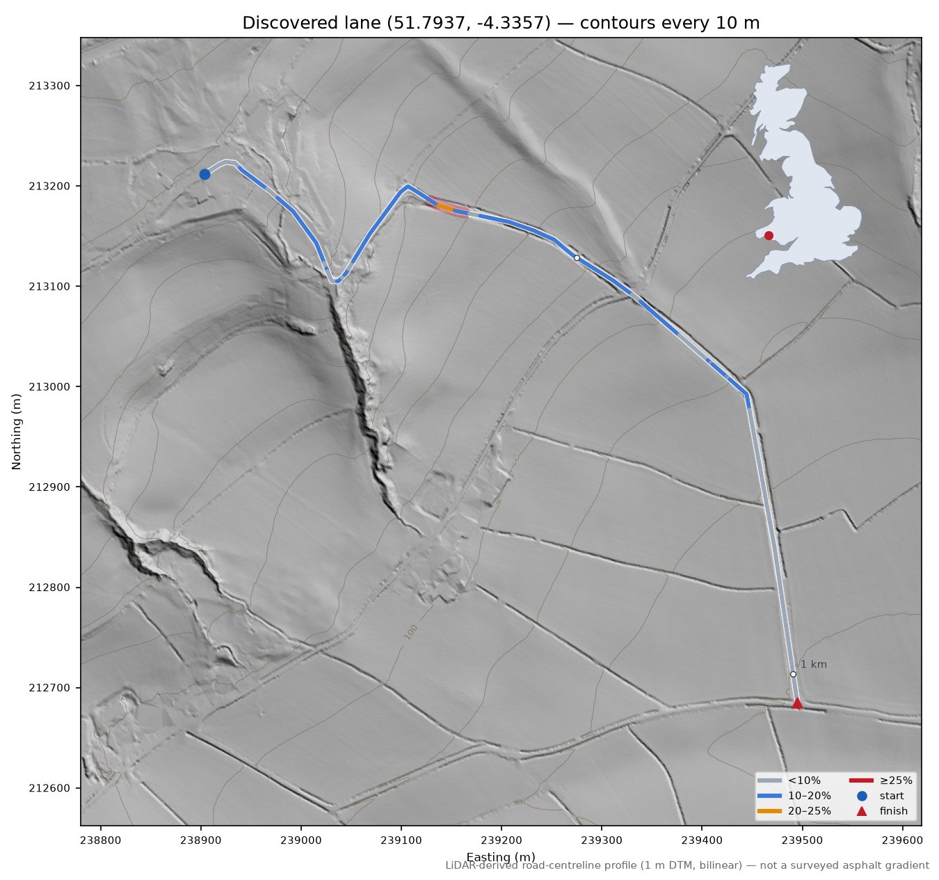 Discovered lane (51.7937, -4.3357) LiDAR hillshade map with contours