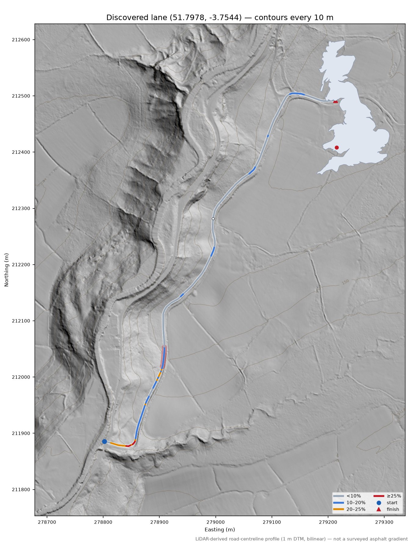 Discovered lane (51.7978, -3.7544) LiDAR hillshade map with contours