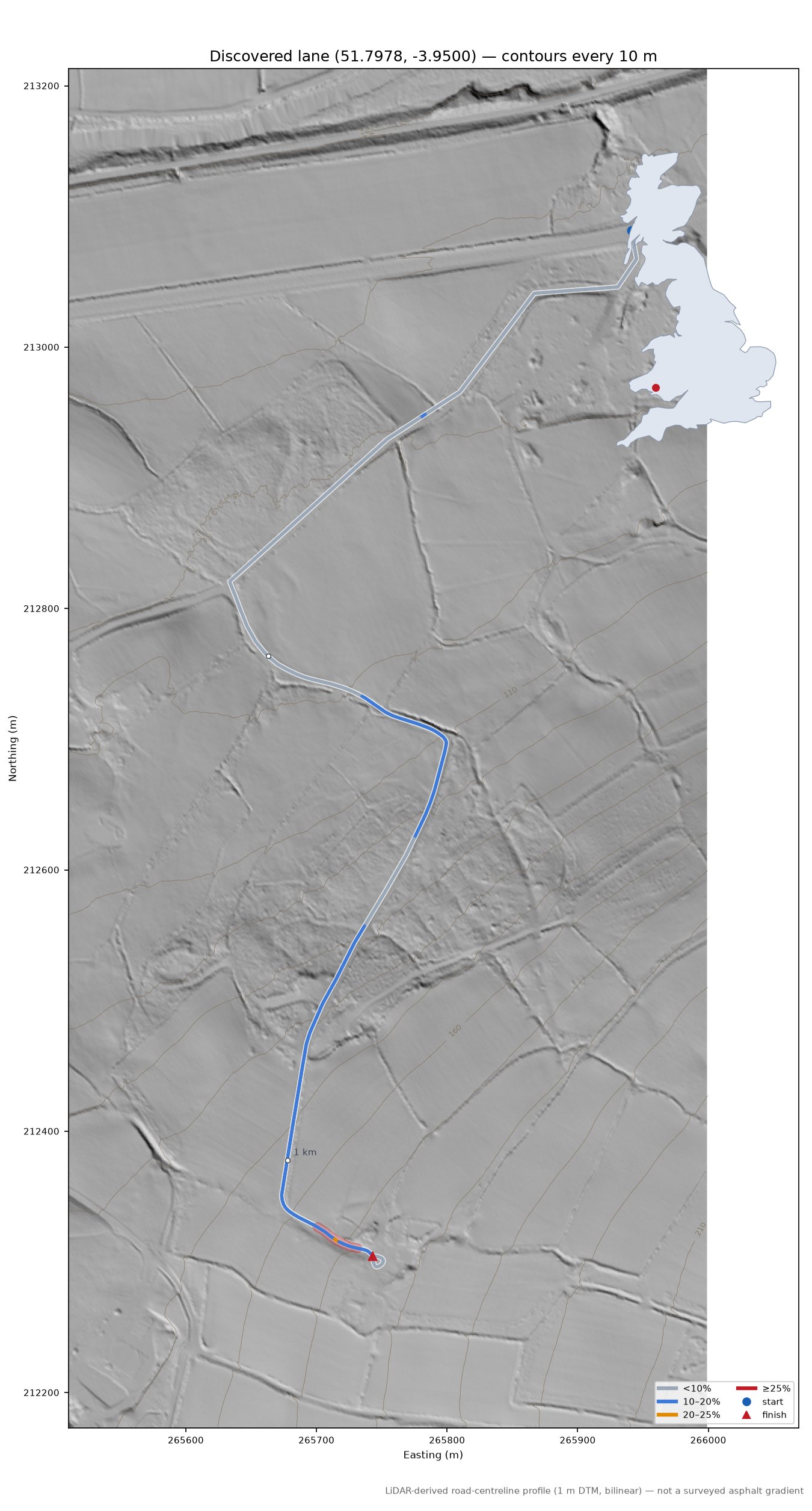 Discovered lane (51.7978, -3.9500) LiDAR hillshade map with contours
