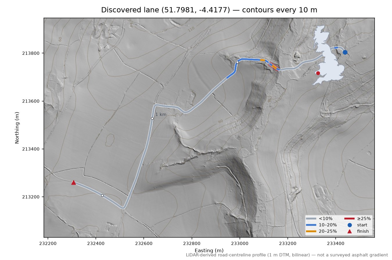 Discovered lane (51.7981, -4.4177) LiDAR hillshade map with contours