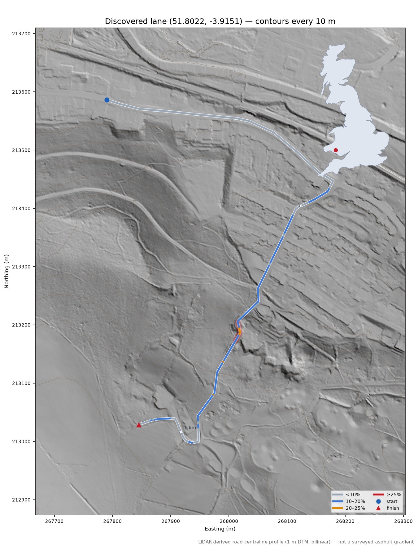 Discovered lane (51.8022, -3.9151) LiDAR hillshade map with contours