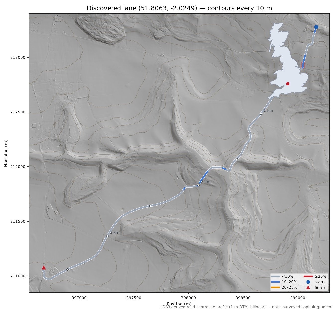 Discovered lane (51.8063, -2.0249) LiDAR hillshade map with contours