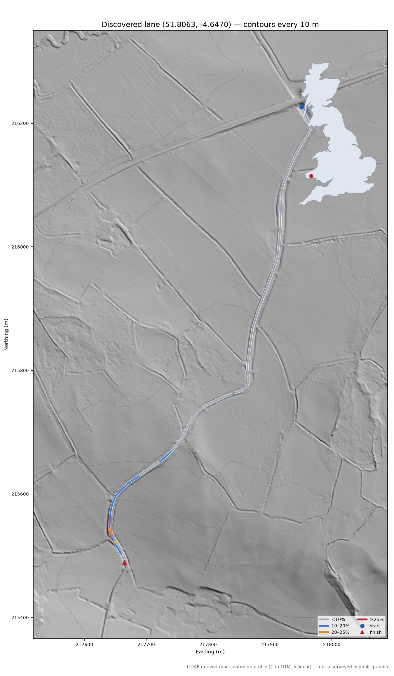 Discovered lane (51.8063, -4.6470) LiDAR hillshade map with contours