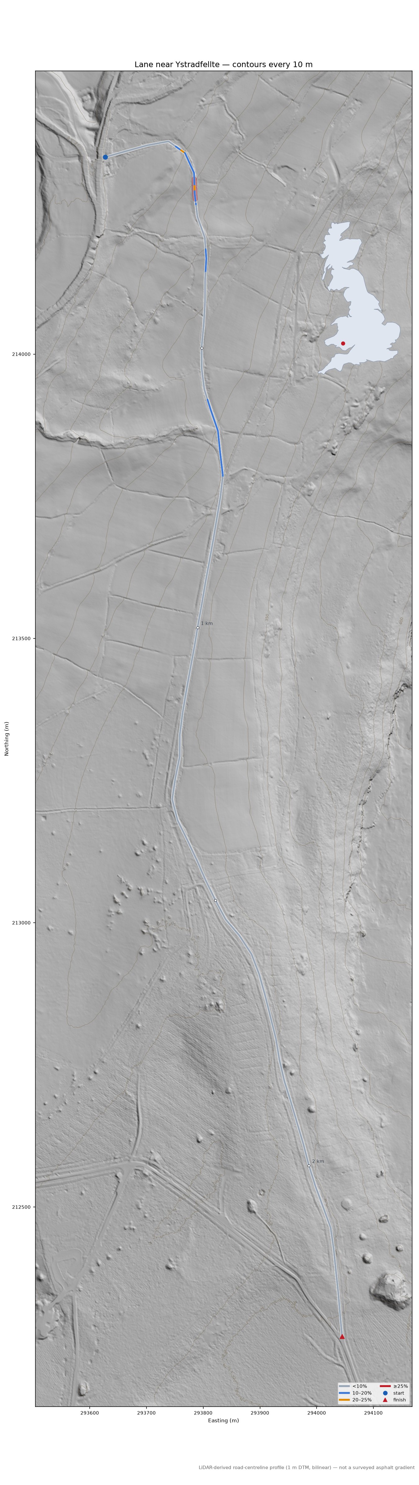 Lane near Ystradfellte LiDAR hillshade map with contours