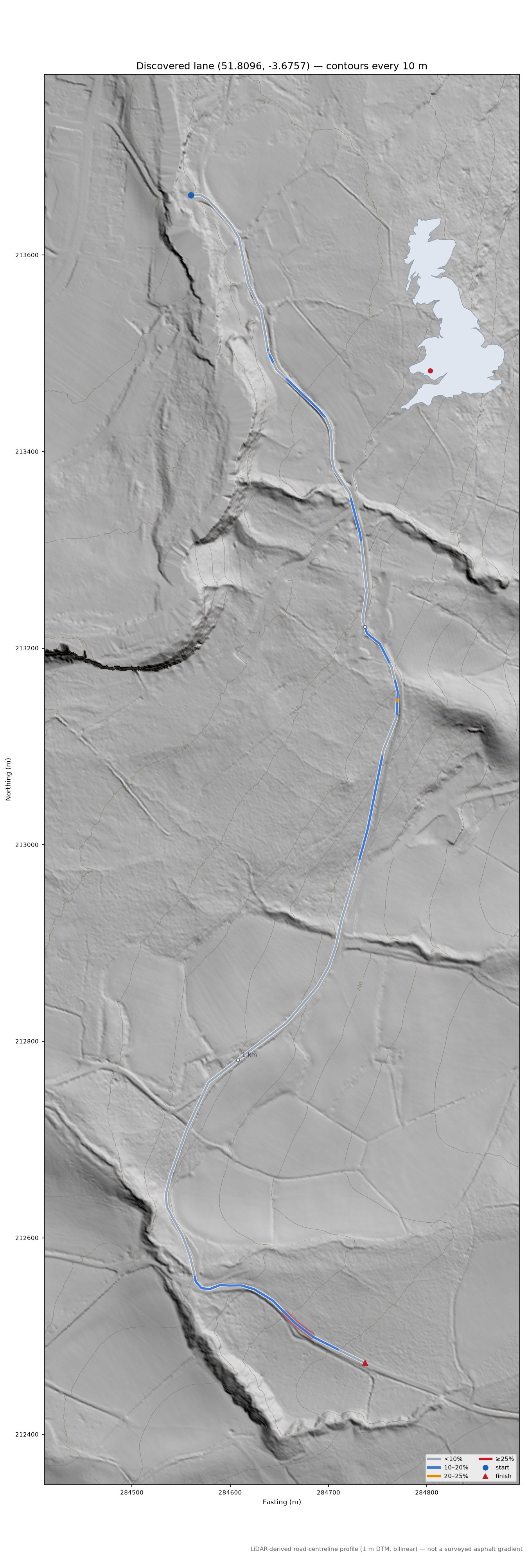 Discovered lane (51.8096, -3.6757) LiDAR hillshade map with contours