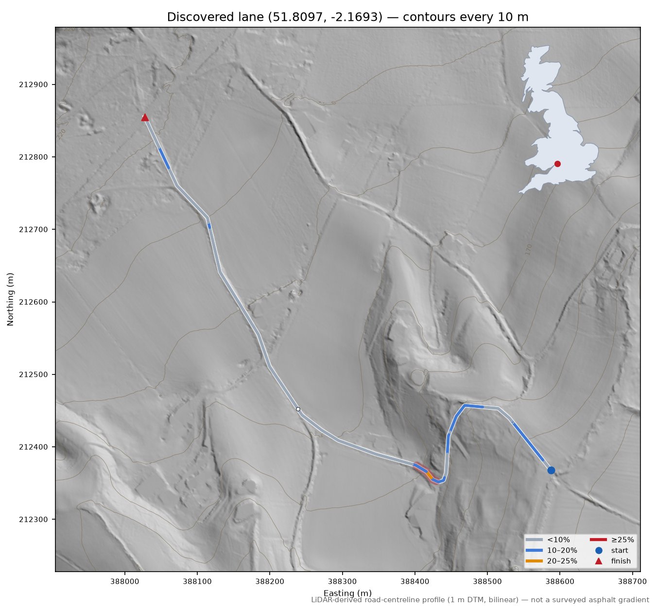 Discovered lane (51.8097, -2.1693) LiDAR hillshade map with contours
