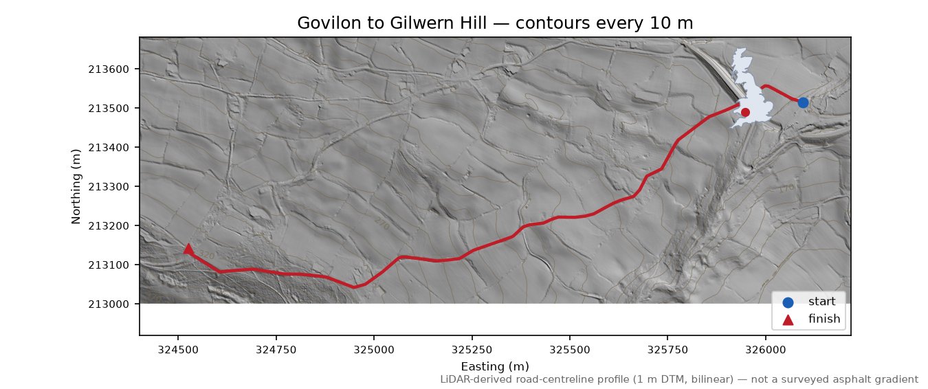 Govilon to Gilwern Hill LiDAR hillshade map with contours