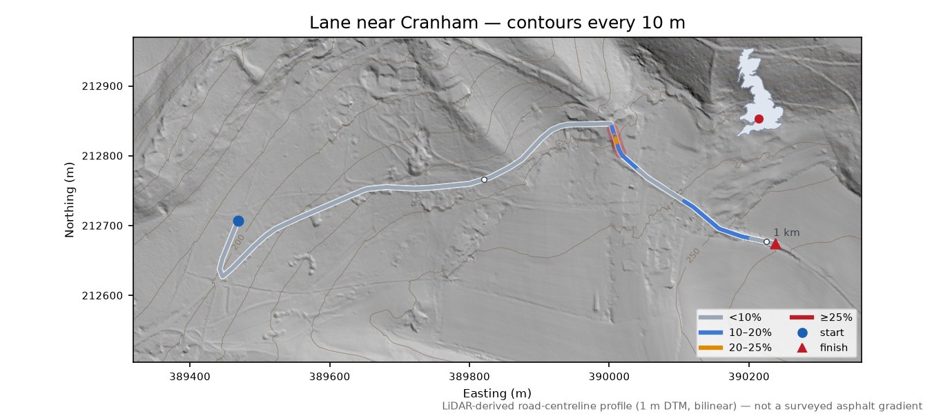 Lane near Cranham LiDAR hillshade map with contours