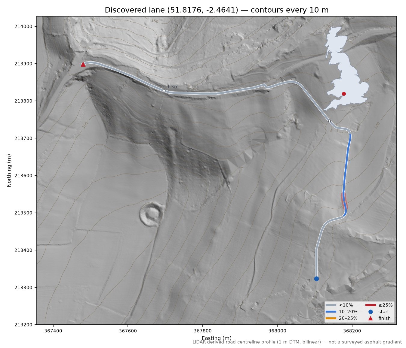 Discovered lane (51.8176, -2.4641) LiDAR hillshade map with contours