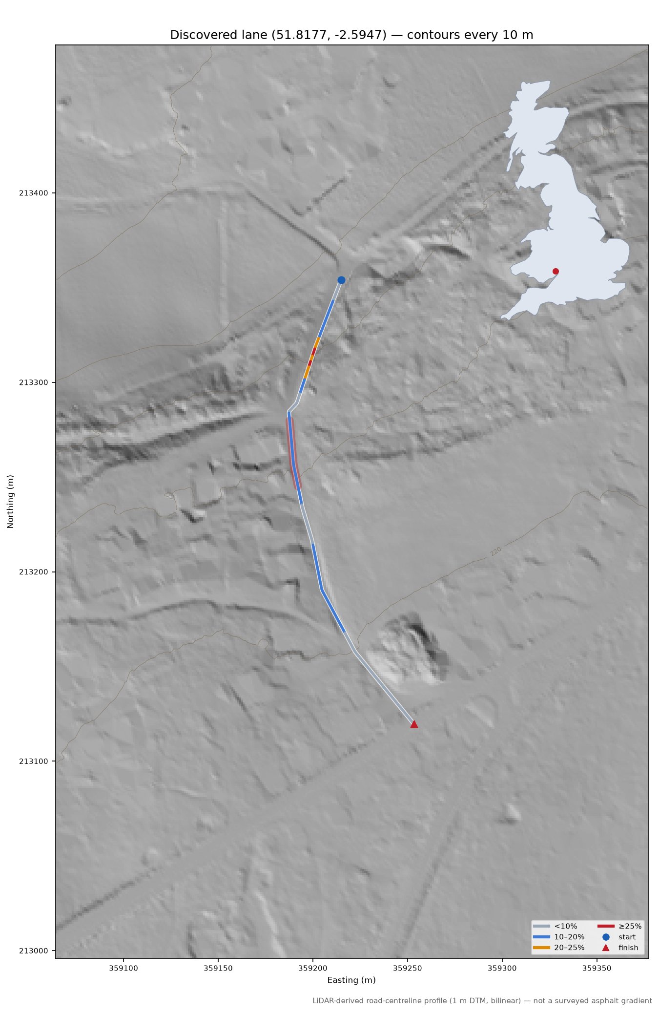 Discovered lane (51.8177, -2.5947) LiDAR hillshade map with contours