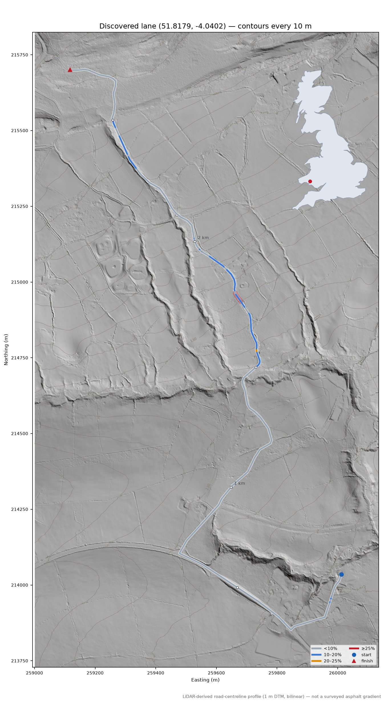 Discovered lane (51.8179, -4.0402) LiDAR hillshade map with contours