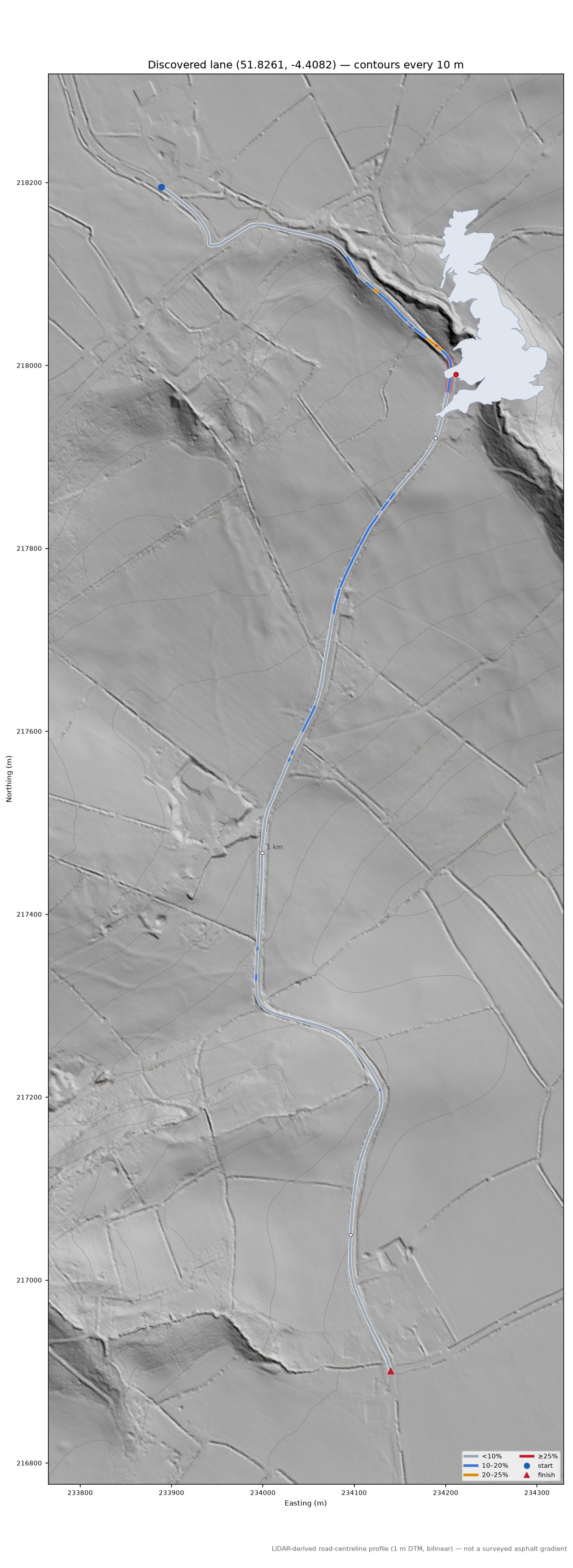 Discovered lane (51.8261, -4.4082) LiDAR hillshade map with contours
