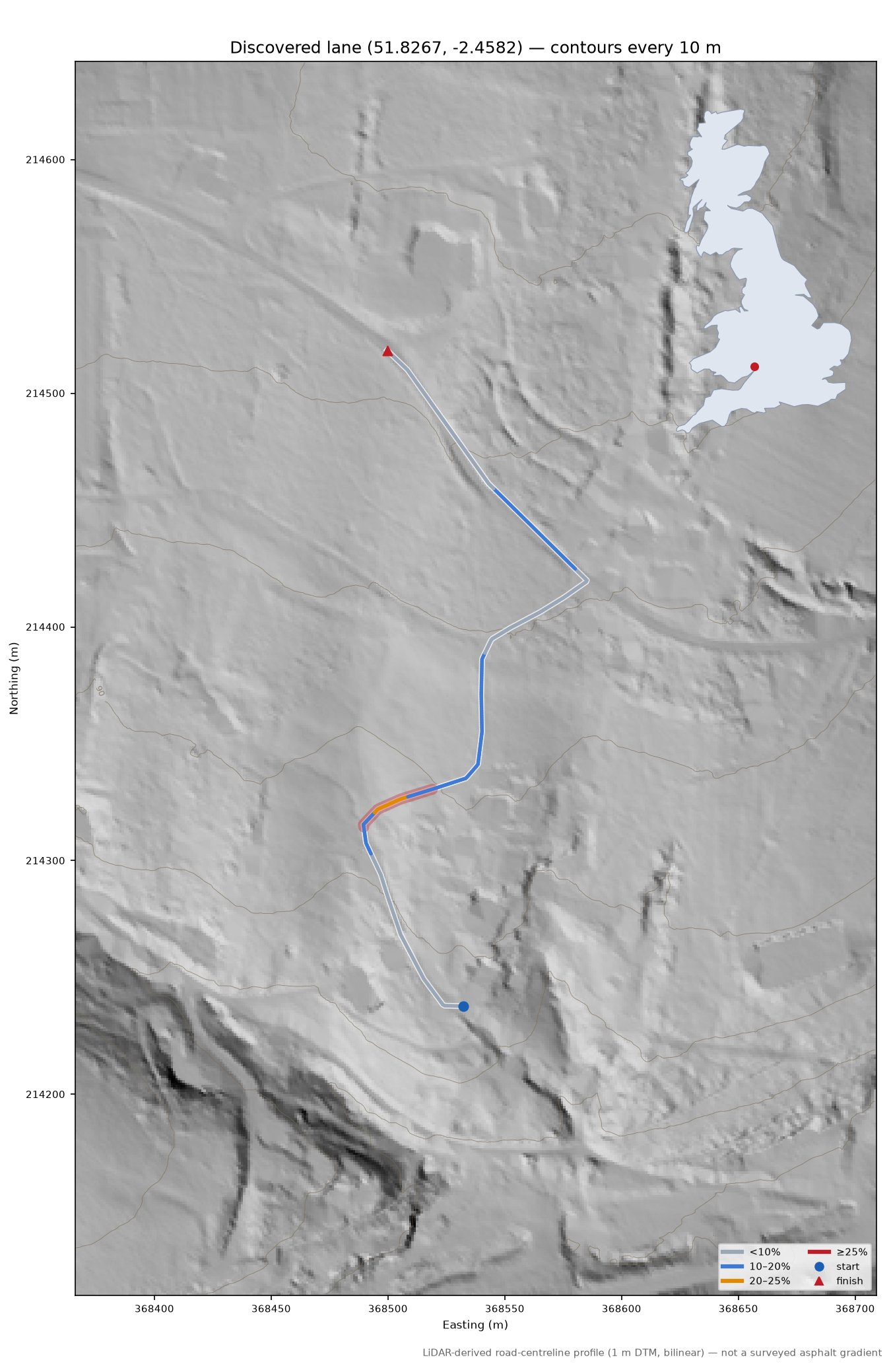Discovered lane (51.8267, -2.4582) LiDAR hillshade map with contours