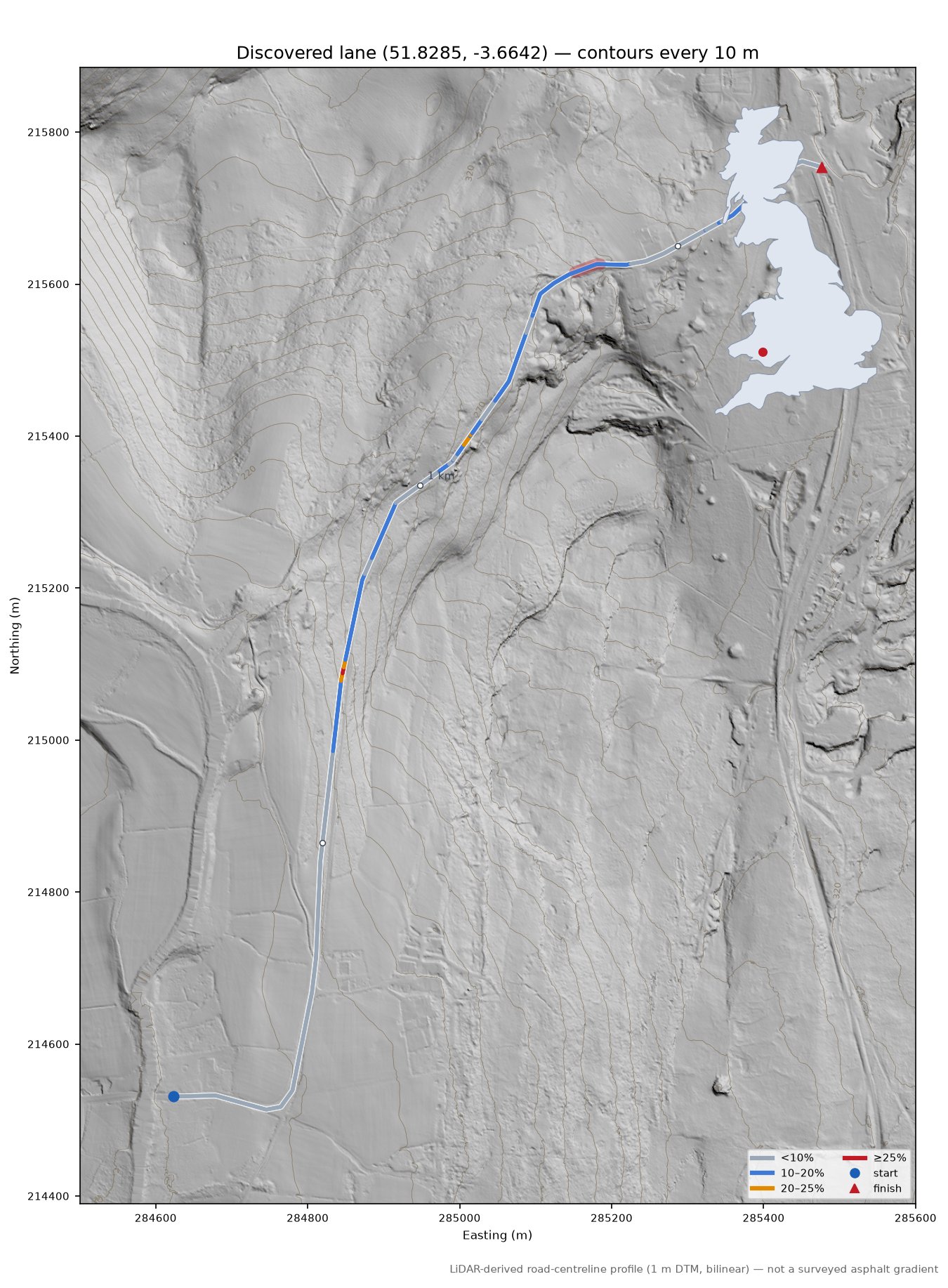 Discovered lane (51.8285, -3.6642) LiDAR hillshade map with contours