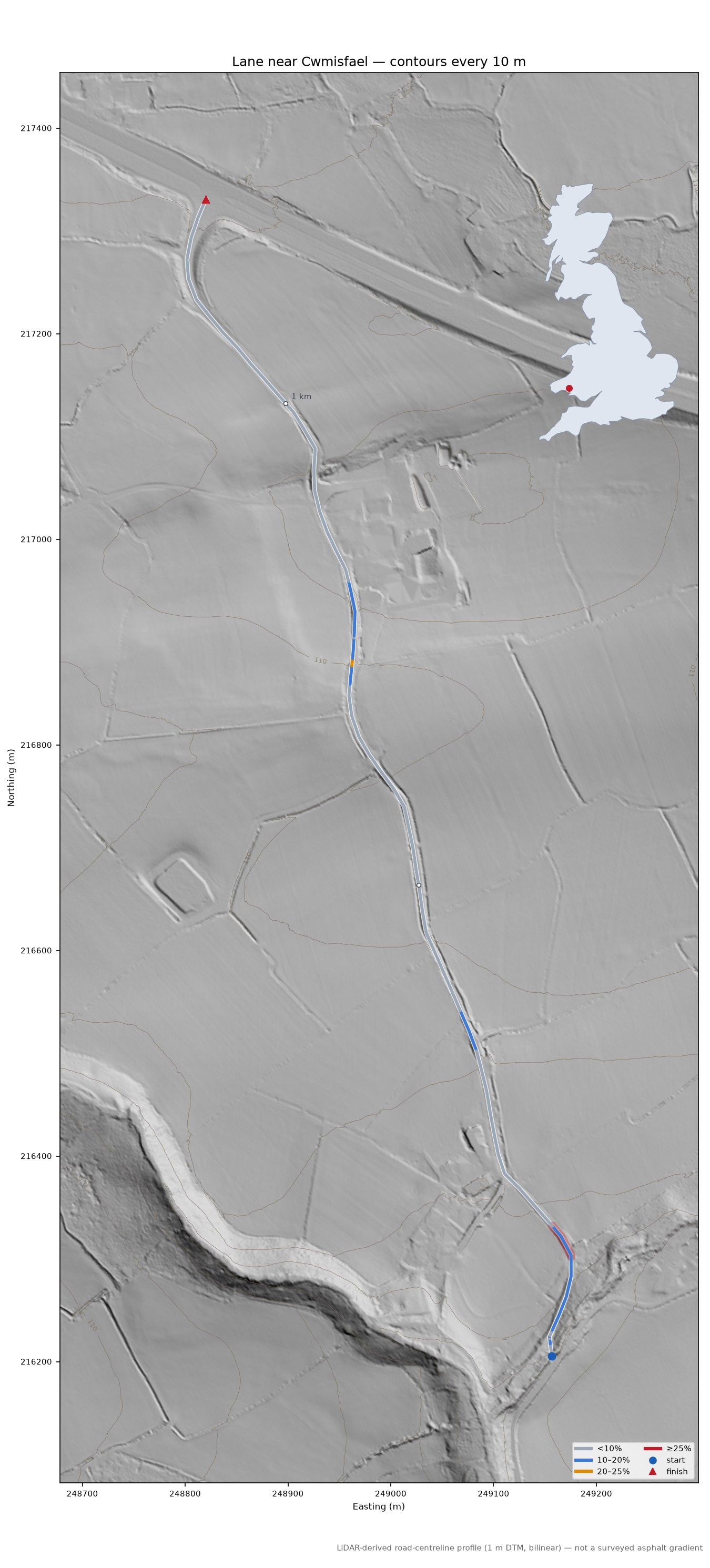 Lane near Cwmisfael LiDAR hillshade map with contours
